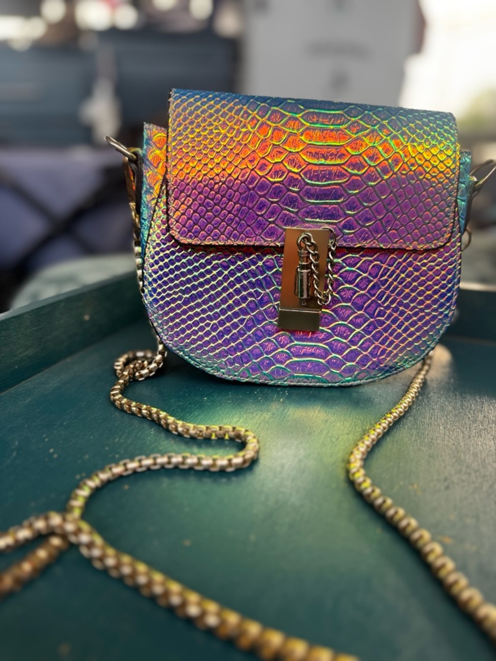 Iridescent Rainbow Textured Crossbody Bag with Chain Strap